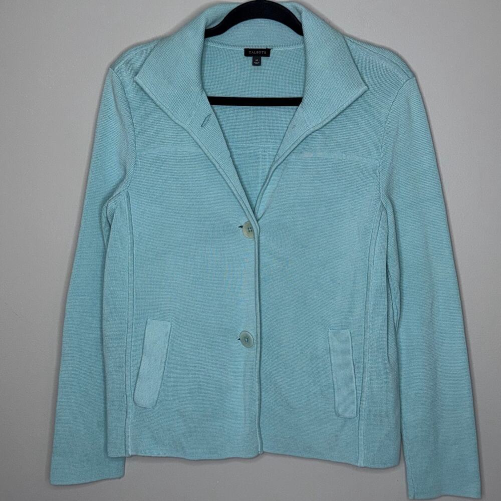Talbots Cardigan Womens Size Medium Blue Pocket Button Up Heavy Sweater Jacket
